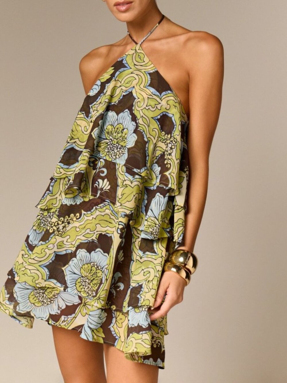 Brown & Green Floral Chiffon Tiered Halter Mini Dress